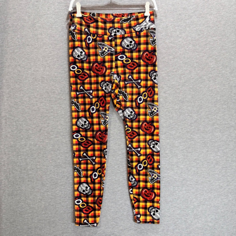 No Boundaries Halloween Leggings Womens L 11-13 Orange Plaid Skulls Spooky